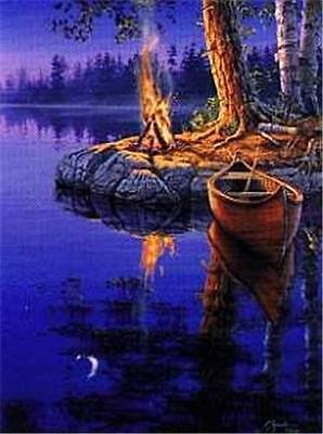 Time To Reflect Lake Campfire Print Signed by  Darrell Bush  16.25 x 22