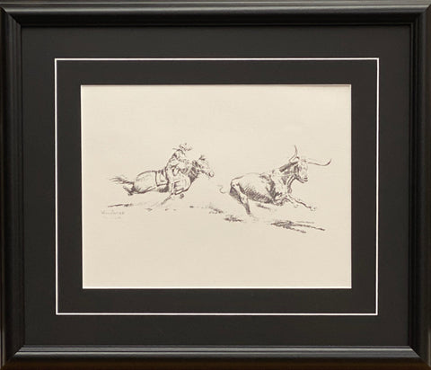 Will James Cowboy roping a Longhorn Black and White Art Print-Framed 20 x17