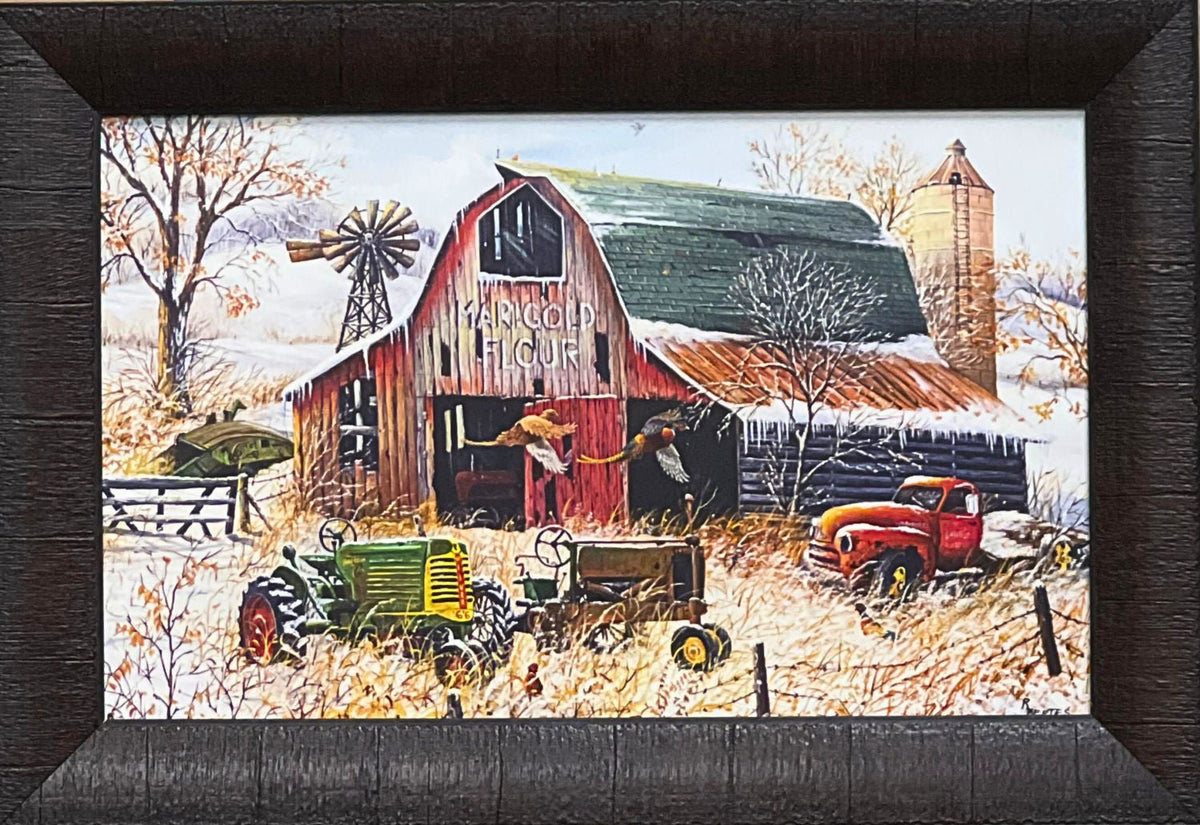 Ray Mertes Rustic Refuge Art Print-Farm Pheasant Tractor and Barn-Framed 19 x 13