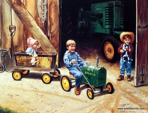 Children playing farmer with John Deere tractor in print by Charles Freitag
