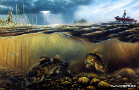 Brian Kuether walleye fishing from Lund boat art print BEFORE THE STORM