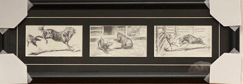 Will James Who Win's Pencil Sketch Western Trilogy Art Print-Framed 28 x 10