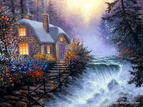 Art Print with Waterfall and Victorian Cottage