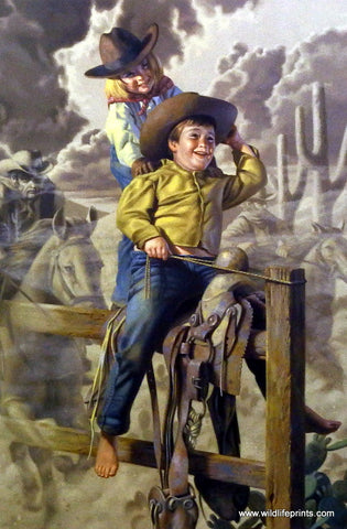 Bob Byerley Children's Print playing cowboys chasing bad guys