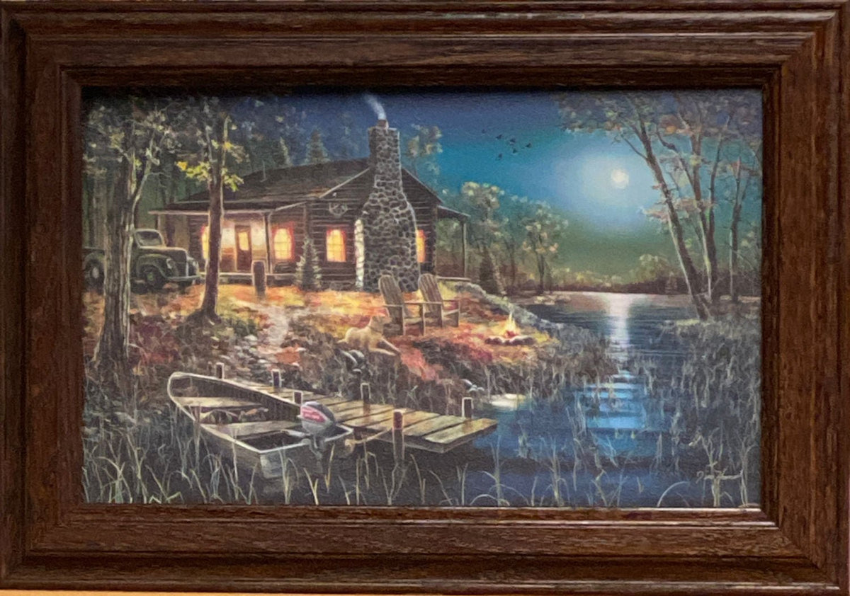 After Dark Cabin Lake Decorator Art Print Framed By Jim Hansel 14.5" x 10"