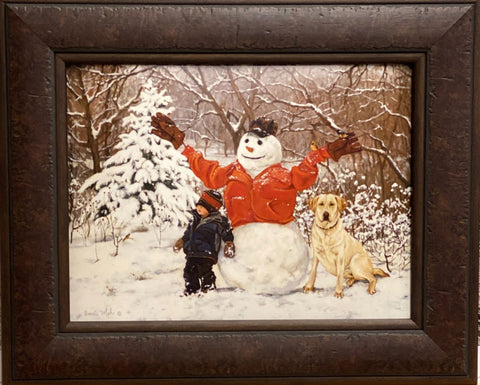 Bonnie Mohr Buddies Boy and Snowman and Dog -21.5 x 17.5
