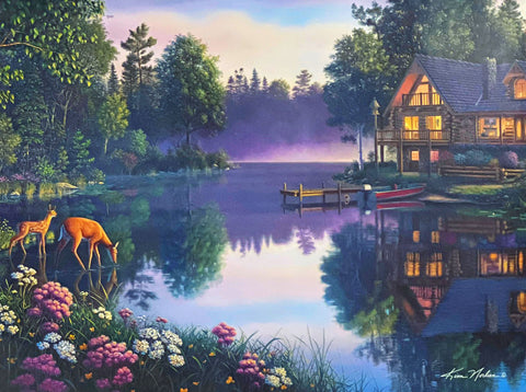 Kim Norlien Sweet Serenity Cabin Deer Lake Art Print-16 x 12