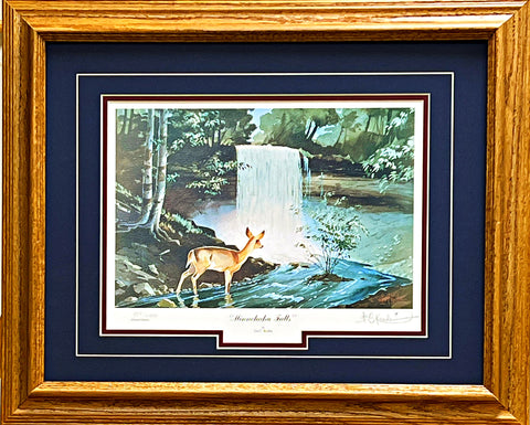 Les Kouba Minnehaha Falls Deer S/N Art Print Framed 21 x 17