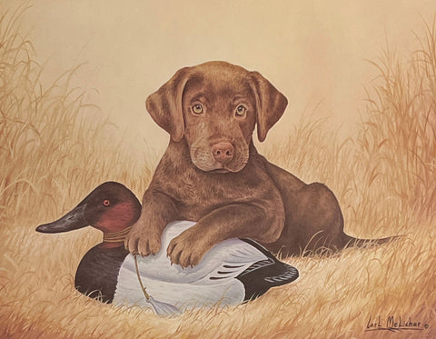 Carl Melichar S/N Puppy Print Chocolate Lab Puppy with Canvasback Gunning Decoy (15"x11.5")