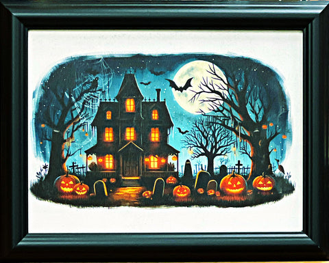 Halloween Home Pumpkin Bat Art Print Framed 14 x 11