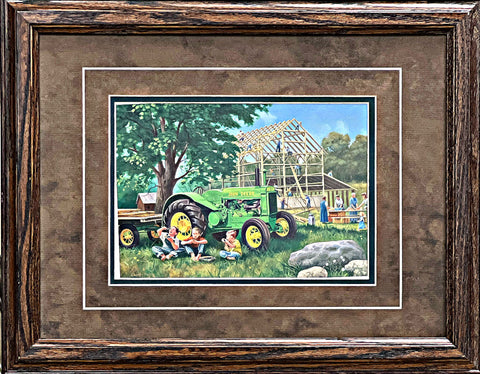 Charles Freitag The Barn Raising Country Farm Art Print-Framed 18.5 x 14.5