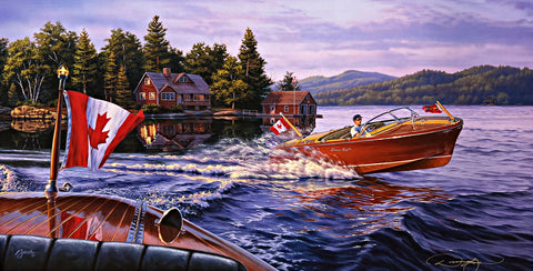 Darrell Bush Signed Vintage Boat Print In the Wake of a Legend Canadian (30"x15.25")