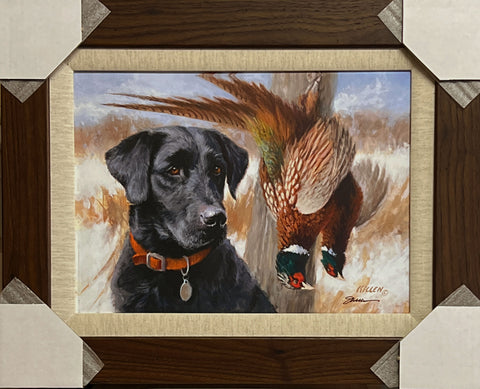 James Killen Black Lab and Pheasants Art Canvas Signed Framed