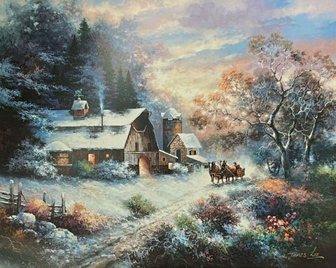James Lee Open Edition Old Farm Themed Art Print Snowy Evening Outing (28x22)