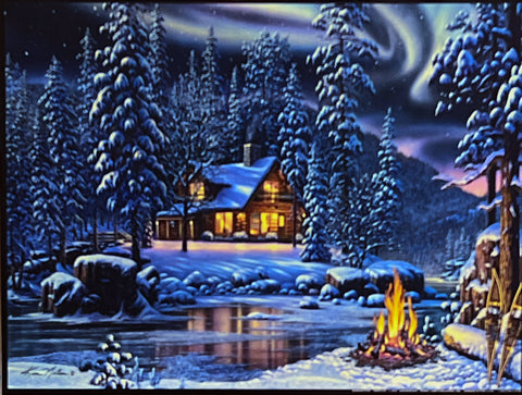 Kim Norlien Northern Lights Cabin Art Print Aurora Fire art Print  (12x9)