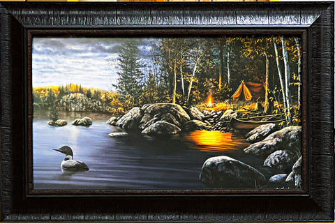 Jim Hansel Northern Solitude Loon Camping Art Studio Canvas Framed 22 x 14