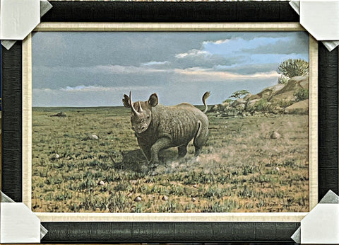 Owen Gromme Charging Rhino Art Print Framed 30 x 21.5