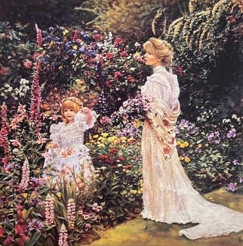 Sandra Kuck Enchanted Garden Girl and women Flower Garen Art Print 16 x 16