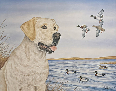 Carl Melichar S/N Hunting Yellow Lab Dog Print October Mallards S/N (19.25"x15.5")