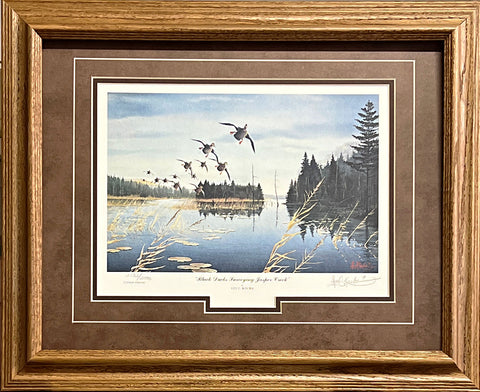 Les Kouba Black Ducks Surveying Jasper Creek S/N Art Print Framed 21 x 17