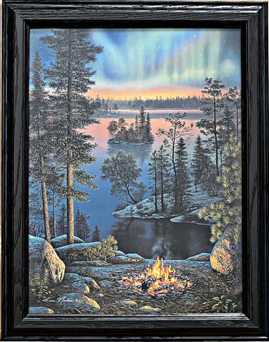 Kim Norlien Framed Northern Lights Camping Art Print Night Fire 14.5"x18.5"