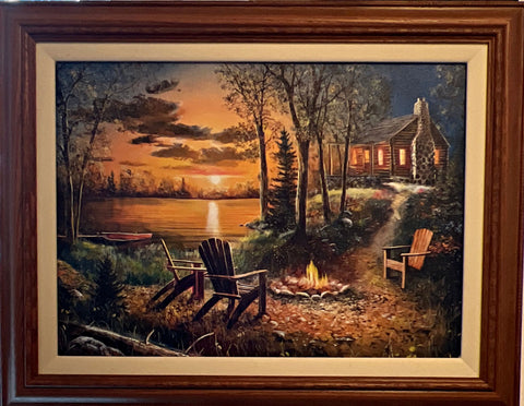 Jim Hansel Fireside Canvas Campfire Cottage Art Print-Framed 28 x 22
