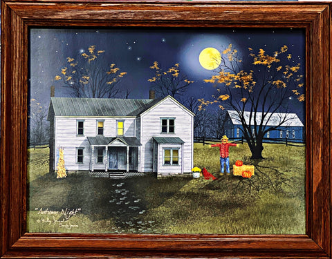 Billy Jacobs Framed Scarecrow Pumpkin Full Moon Art Print Autumn Night (18.5"x14.5")