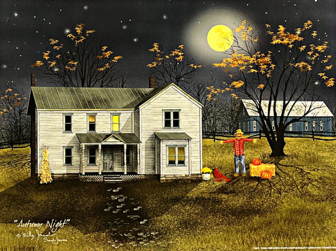 Billy Jacobs Scarecrow Pumpkin Full Moon Art Print Autumn Night (16"x12")