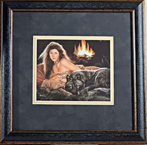 Maija Evening Glow Native American Maiden and wolf Framed print 13 x 13