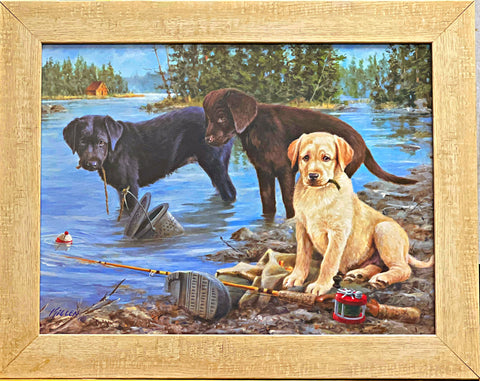 Jim Killen Gone Fishing Puppy Lab Art Print-Signed Framed 22 x 17.5