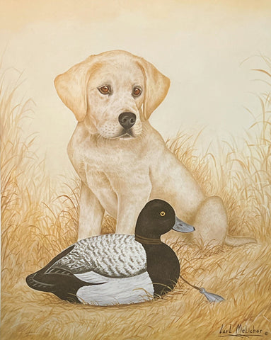 Carl Melichar Hunting Dog Print Yellow Lab Puppy with Bluebill Decoy S/N (12"x15")