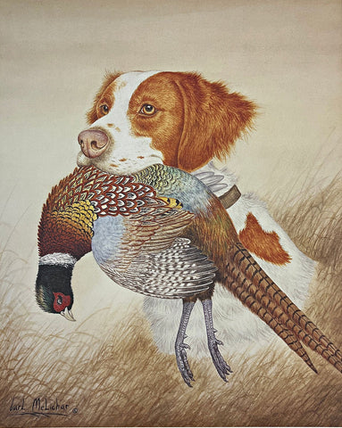 Carl Melichar S/N Hunting Dog Orange and White Brittany with Pheasant  (12"x15")