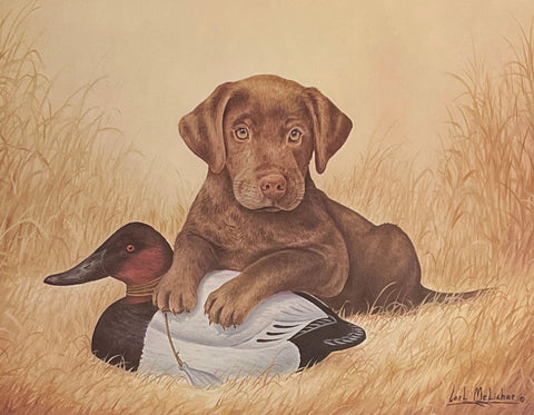 Carl Melichar S/N Puppy Print Chocolate Lab Puppy with Canvasback Gunning Decoy (15"x11.5")