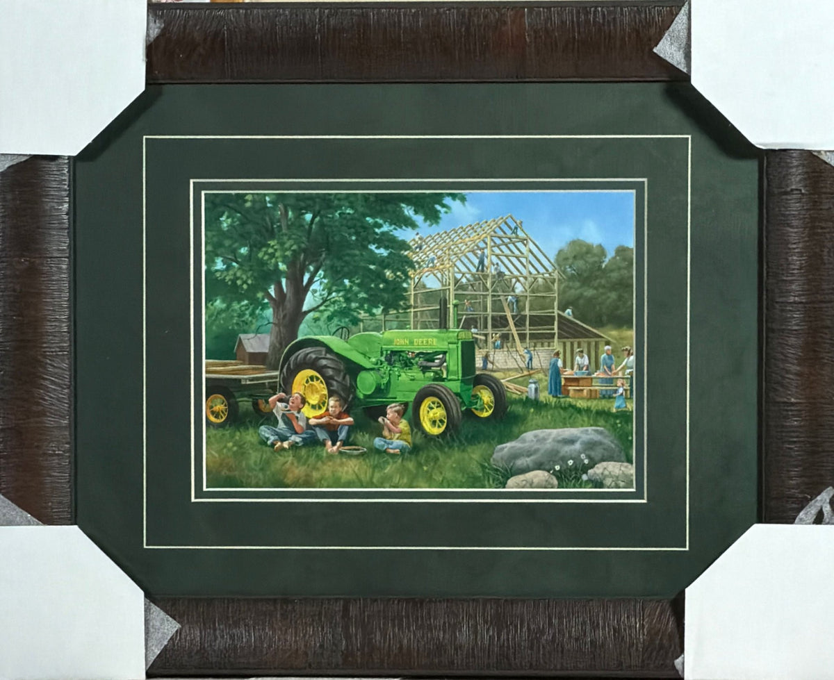 Charles Freitag The Barn Raising children Farm Art Print Framed 19 x 15