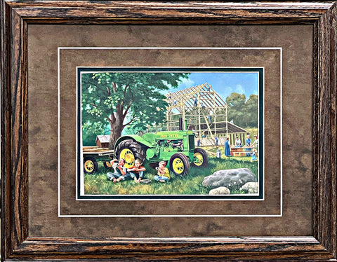 Charles Freitag The Barn Raising Country Farm Art Print-Framed 18.5 x 14.5