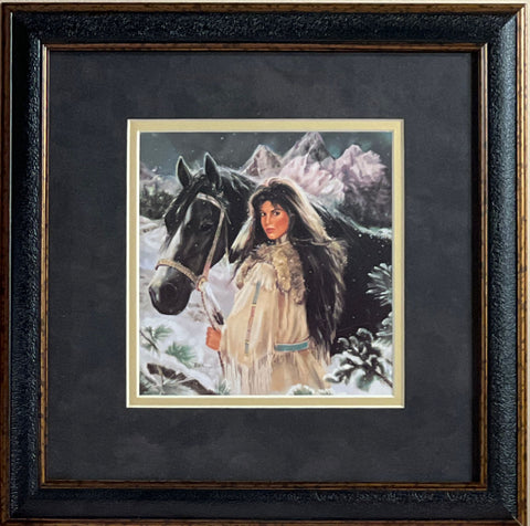 Maija Evening Snow Native American Maiden with horse Framed 13 x 13