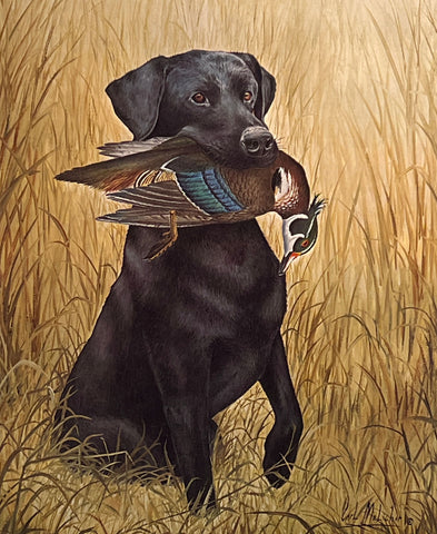 Carl Melichar S/N Hunting Dog Print Jackson Black Lab with Wood Duck (12"x14.5")