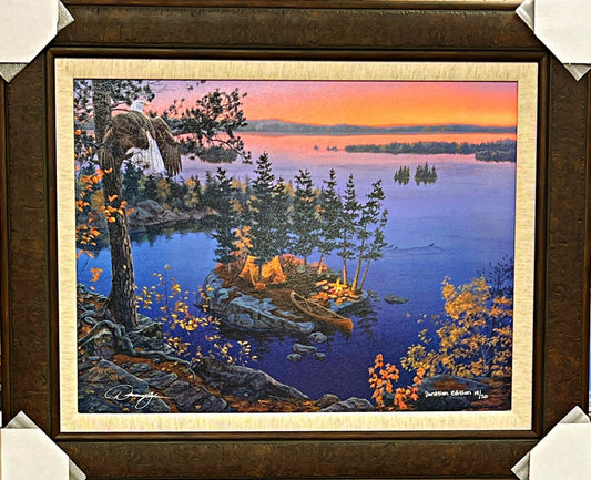 Darrell Bush Autumn's Call Eagle Camping Art Print- S/N Framed 32 x 26