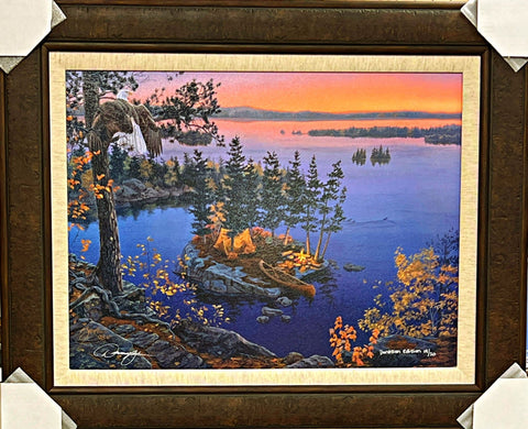 Darrell Bush Autumn's Call Eagle Camping Art Print- S/N Framed 32 x 26
