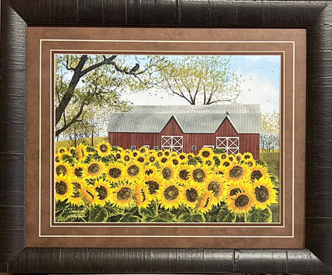 Billy Jacobs Sunshine Sunflower Farm Barn Art Print-Framed 23 x 19