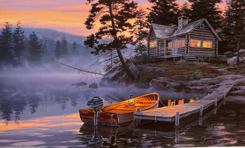 Darrell Bush Signed Boat and Cabin Art Print Silent Shores (27"x16.5")