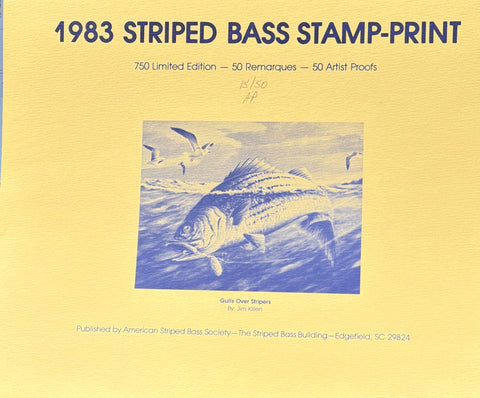 Jim Killen 1983 Striped Bass Stamp Print Gulls Over Stripers A/P 9"x6.5"
