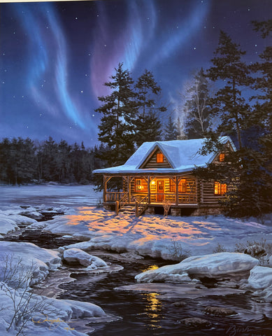 Darrell Bush, Evening Performance S/N  Northern Lights Cabin Art Print (20 x 24.5)