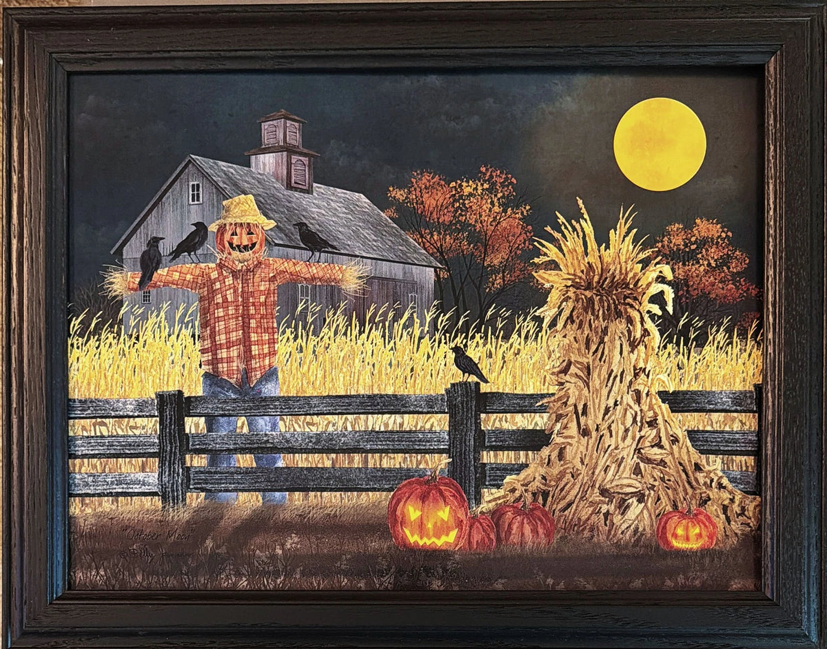 October Moon by Billy Jacobs – Scarecrow & Jack-o'-Lantern Framed Halloween Art Print, 18.5 x 14.5 Inches