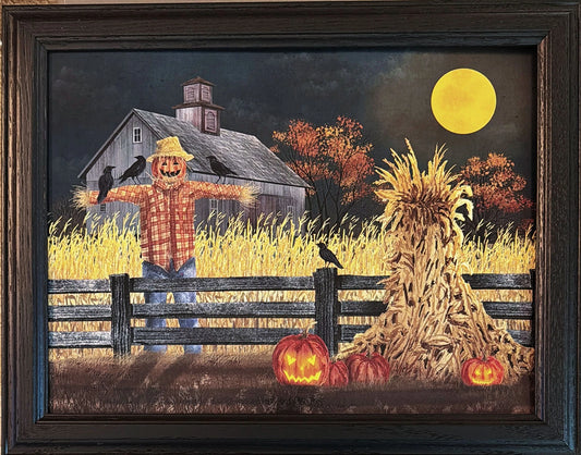 October Moon by Billy Jacobs – Scarecrow & Jack-o'-Lantern Framed Halloween Art Print, 18.5 x 14.5 Inches