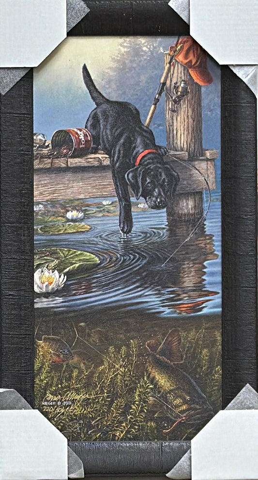 James Meger Ripples Black lab puppy and Fishing pole Print-Framed  13 x 24