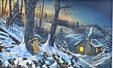 Jim Hansel Winter Cabin Sled Art Print Frozen Memories 21x13
