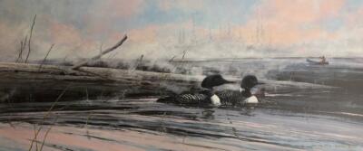 Jon Van Zyle Skilak Sanctuary S/N Loon Fisherman Art Print 28.5 x 12