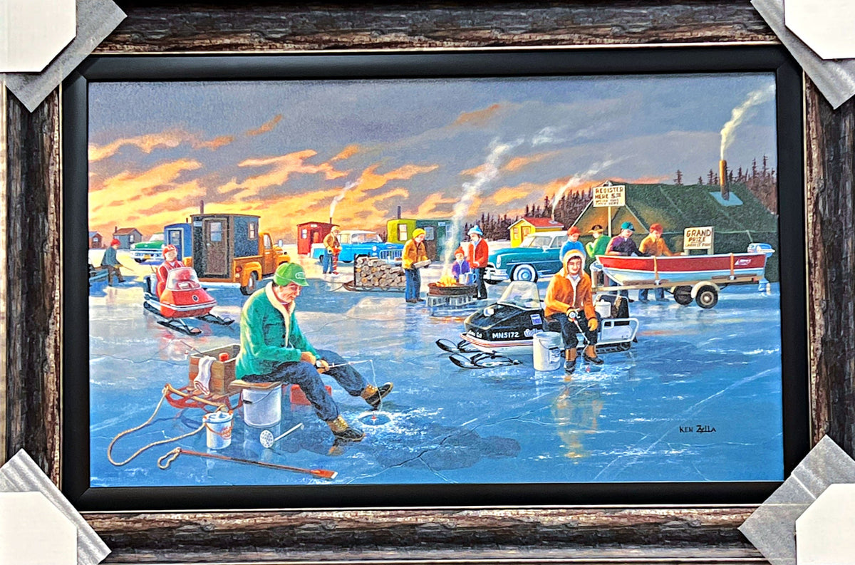 Ken Zylla Back in the Day Snowmobile fishing and Ice houses Art Print Framed 37 x 25