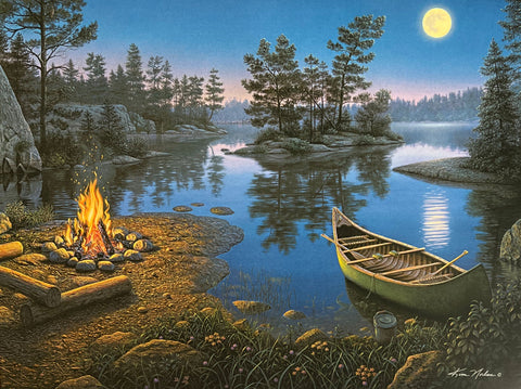 Kim Norlien Moonlight Bay Camping Campfire, Canoe Art Print  12 x 9